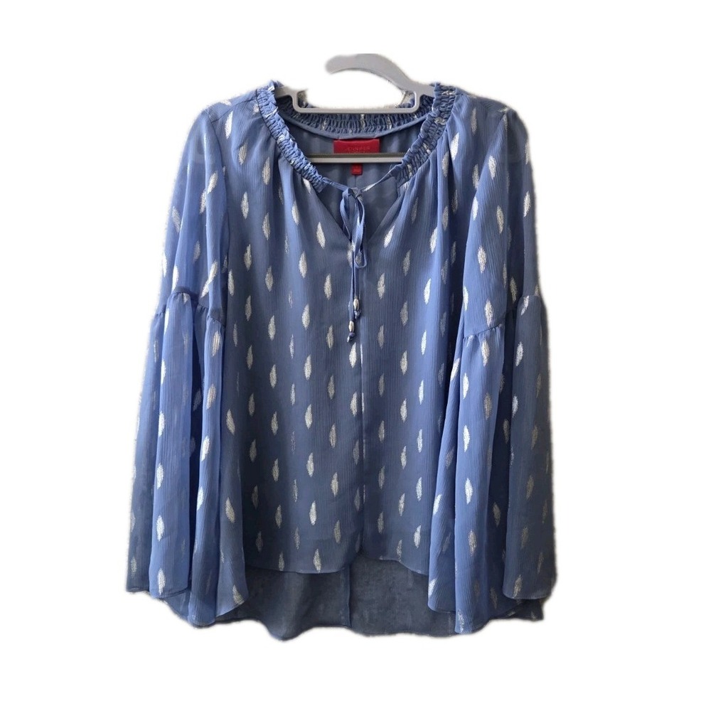 Jennifer Lopez Blue Metallic‎ Print Peasant Blouse Bell Sleeve Small Boho